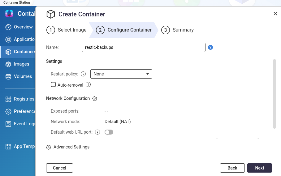 Set the name of the container and the restart policy